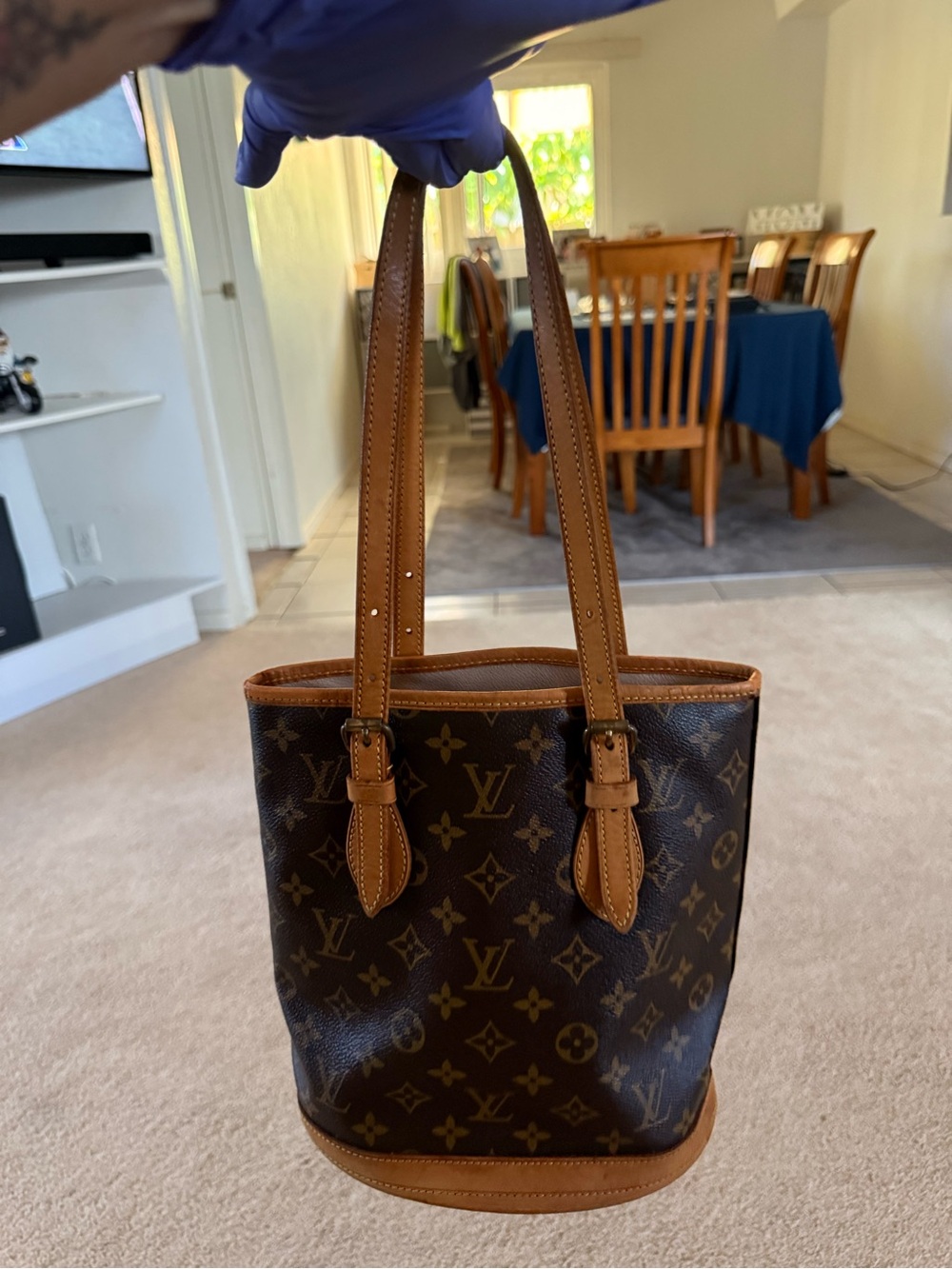 EUC Louis Vuitton Monogram Canvas PM Bucket Tote with Tan Leather Trim w/ COA
